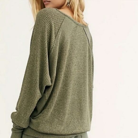 Free People Santa Clara Thermal Top Shirt Ferngully (Green) Slouchy V-Neck S New - Picture 5 of 12